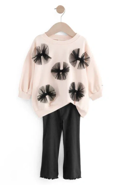 Next Kids' Bow Appliqué Sweatshirt & Rib Flare Leggings Set In Black