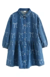 Next Kids' Bow Diamante Long Sleeve Denim Shirtdress In Blue
