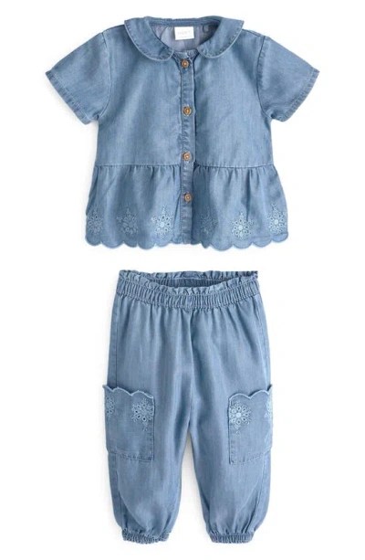 Next Kids' Broderie Anglaise Chambray Top & Joggers Set In Indigo