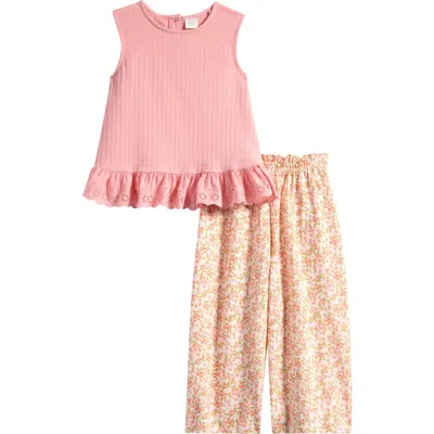 Next Kids' Broderie Trim Top & Floral Pants Set In Pink