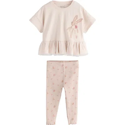 Next Kids' Bunny Appliqué Peplum T-shirt & Rib Leggings Set In Neutral