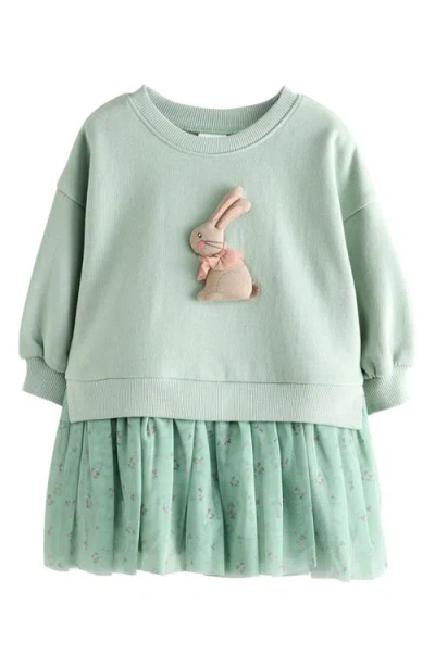 Next Kids' Bunny Appliqué Sweatshirt Party Dress In Green