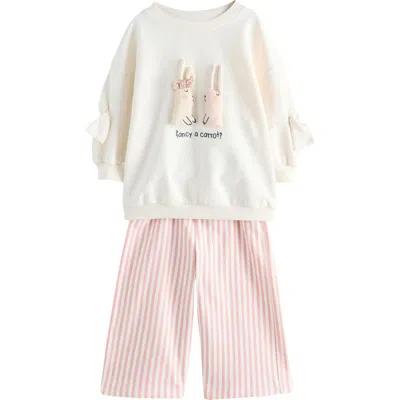 Next Kids' Bunny Embellished Graphic Sweatshirt & Stripe Knit Pants In Cream