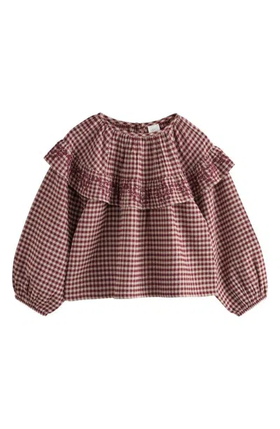 Next Kids' Check Embroidered Ruffle Blouse In Brown