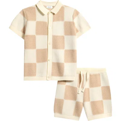Next Kids' Checkerboard Knit Button-up Shirt & Shorts Set In Neutral