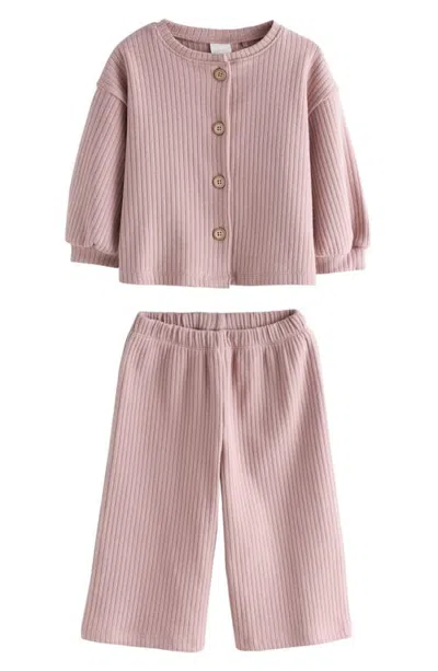 Next Kids' Chunky Rib Cardigan & Wide Leg Pants Set In Pink