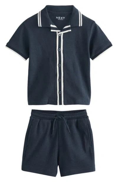 Next Kids' Cotton Knit Button-up Shirt & Shorts Set In Blue
