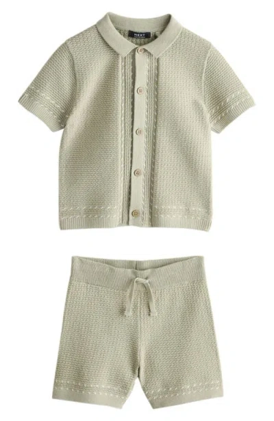 Next Kids' Cotton Knit Button-up Shirt & Shorts Set In Green