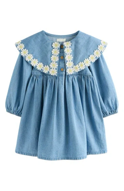 Next Kids' Daisy Embroidered Long Sleeve Denim Dress In Blue