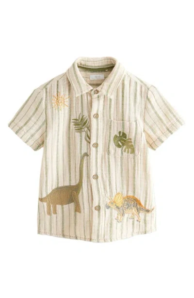 Next Kids' Dino Embroidered Stripe Short Sleeve Button-up Shirt In Neutral