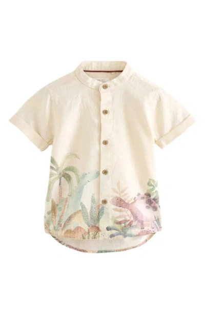 Next Kids' Dinosaur Print Short Sleeve Cotton & Linen Button-up Shirt In Natural