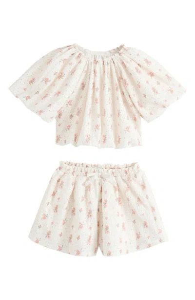 Next Kids' Ditsy Floral Cotton Puff Sleeve Top & Shorts Set In White