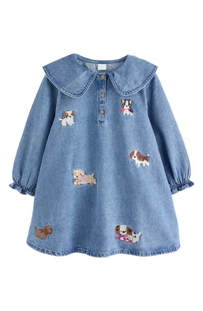 Next Babies'  Kids' Dog Embroidered Denim Dress In Blue