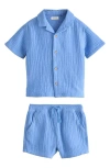 Next Kids' Doubleface Cotton Button-up Shirt & Shorts Set In Blue