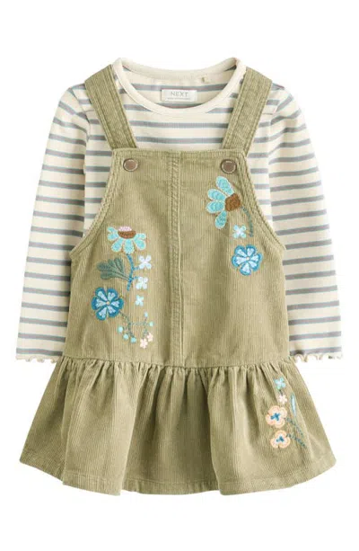Next Babies'  Kids' Embroidered Corduroy Dress & Stripe T-shirt Set In Green