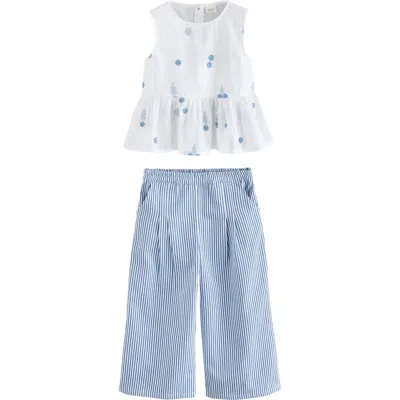 Next Kids' Embroidered Cotton & Linen Peplum Top & Stripe Pants Set In Blue
