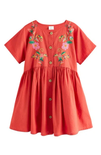 Next Kids' Embroidered Cotton Button-up Dress In Brown