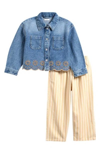 Next Kids' Embroidered Denim Jacket & Stripe Pants Set In Blue