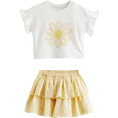 Next Kids' Embroidered Flower Cotton Top & Eyelet Tiered Skirt Set In Yellow