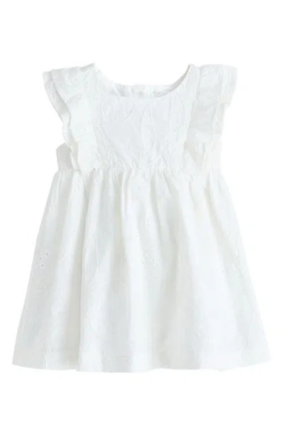 Next Kids' Embroidered Flutter Sleeve Cotton Dress In White