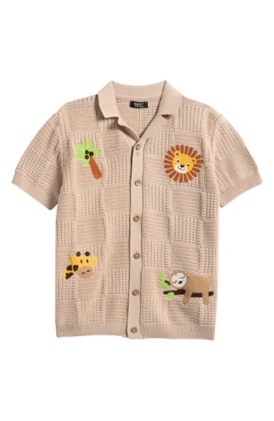 Next Kids' Embroidered Knit Button-up Shirt In Neutral