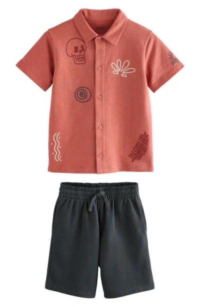 Next Kids' Embroidered Short Sleeve Knit Button-up Shirt & Drawstring Shorts Set In Brown