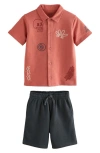 Next Kids' Embroidered Short Sleeve Knit Button-up Shirt & Drawstring Shorts Set In Pink