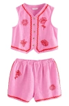 Next Kids' Embroidered Stretch Cotton Vest & Shorts Set In Pink