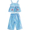 Next Kids' Embroidered Stripe Peplum Top & Wide Leg Pants Set In Blue