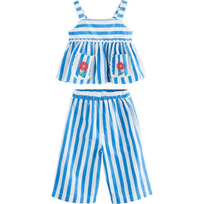 Next Kids' Embroidered Stripe Peplum Top & Wide Leg Pants Set In Blue