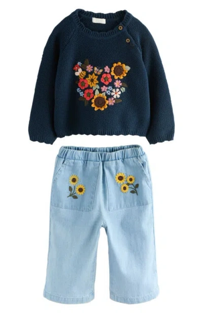 Next Kids' Embroidered Sweater & Jeans Set In Green