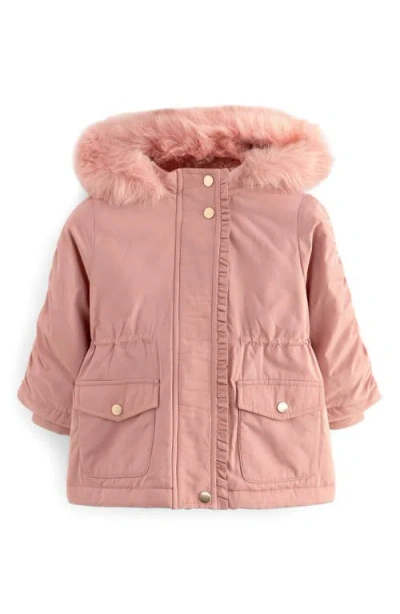 Next Kids' Faux Fur Lined Hooded Coat In Pink