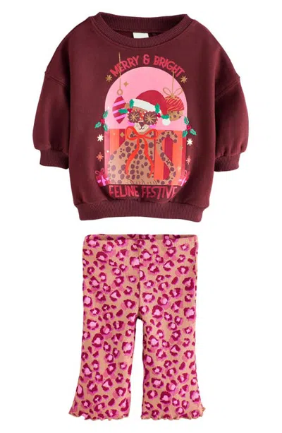 Next Kids' Festive Sweatshirt & Flare Leggings Set In Pink