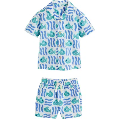 Next Kids' Fish Print Camp Shirt & Drawstring Shorts Set In Blue