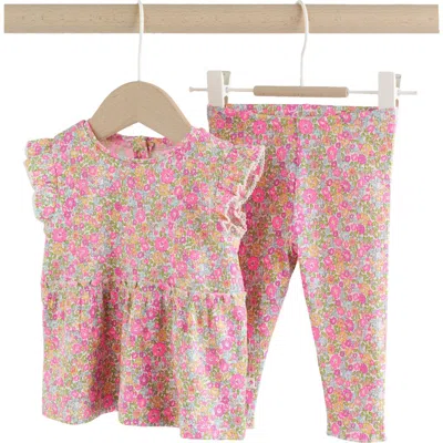 Next Babies'  Kids' Fleuro Ditsy Ruffle Stretch Cotton Top & Leggings Set In Pink