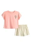 Next Kids' Floral Appliqué Cotton T-shirt & Stripe Shorts Set In Pink
