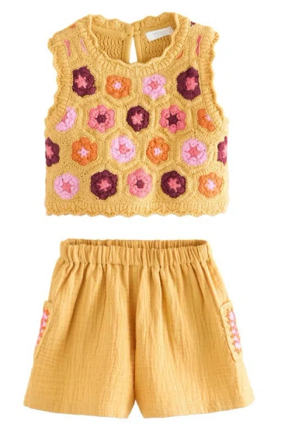 Next Kids' Floral Crochet Top & Cotton Gauze Shorts Set In Yellow