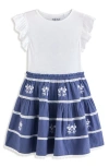 Next Kids' Floral Embroidered Cotton Flutter Sleeve Dress In Blue