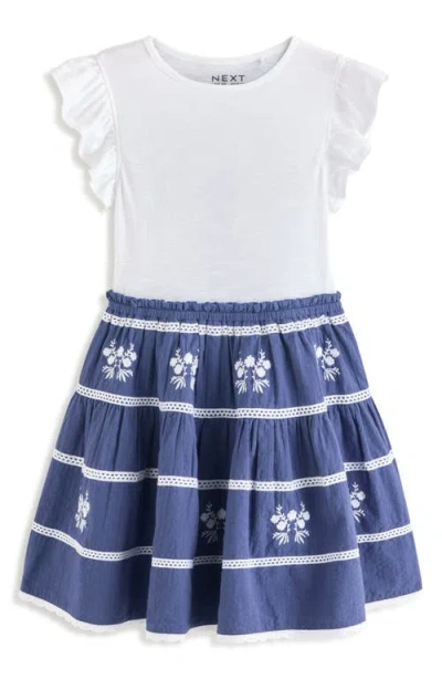 Next Kids' Floral Embroidered Cotton Flutter Sleeve Dress In Blue