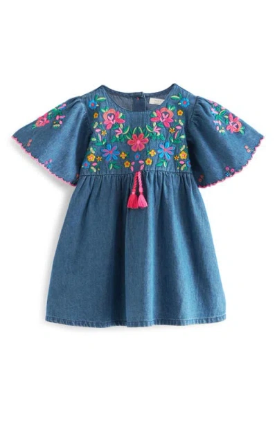 Next Kids' Floral Embroidered Denim Caftan Dress In Indigo