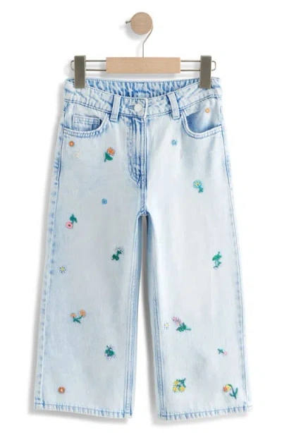 Next Kids' Floral Embroidered Distressed Wide Leg Jeans In Blue
