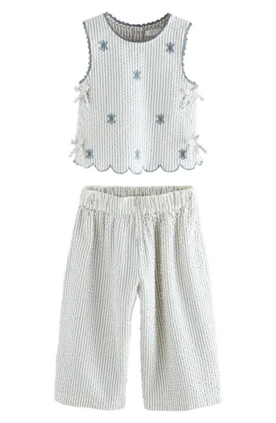 Next Kids' Floral Embroidered Sleeveless Cotton Seersucker Top & Pants Set In Gray