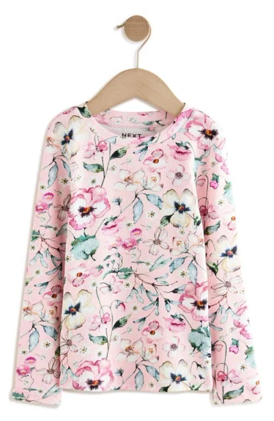 Next Kids' Floral Print Rib Long Sleeve Top In Pink