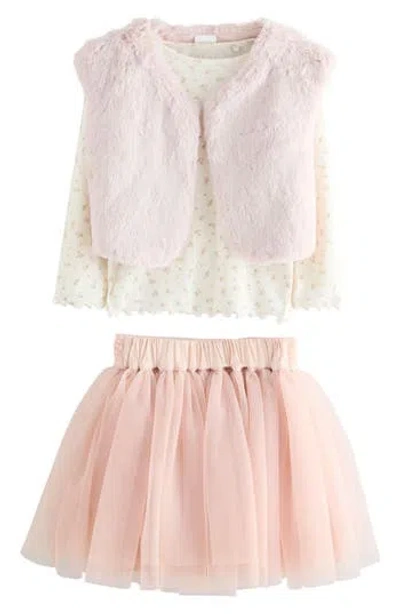 Next Kids' Floral Print T-shirt, Faux Fur Vest & Tulle Skirt Set In Pink