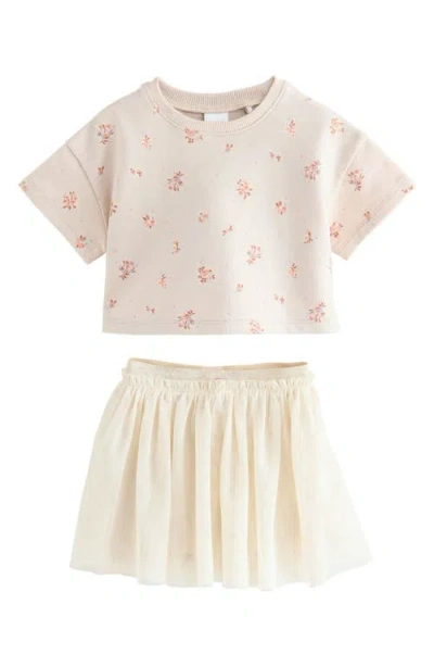 Next Kids' Floral Short Sleeve Sweater & Chiffon Skirt Set In Neutral