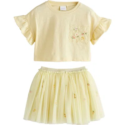 Next Kids' Flower Embroidered Ruffle Sleeve Shirt & Tulle Skirt Set In Yellow