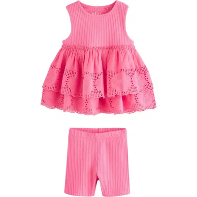 Next Kids' Frill Floral Eyelet Top & Shorts Set In Pink
