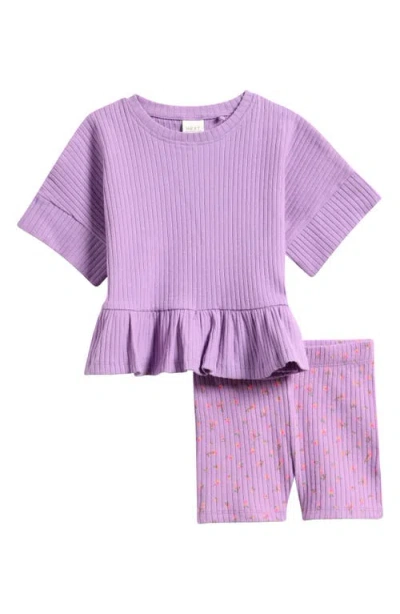 Next Babies'  Kids' Frill Rib Top And Floral Shorts Set In Purple