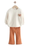Next Kids' Fuzzy Fleece Sweatshirt & Rib Flare Leg Pants Set In White