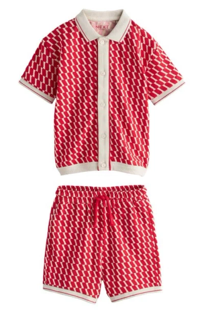 Next Kids' Geo Cotton Button-up Shirt & Shorts Set In Red